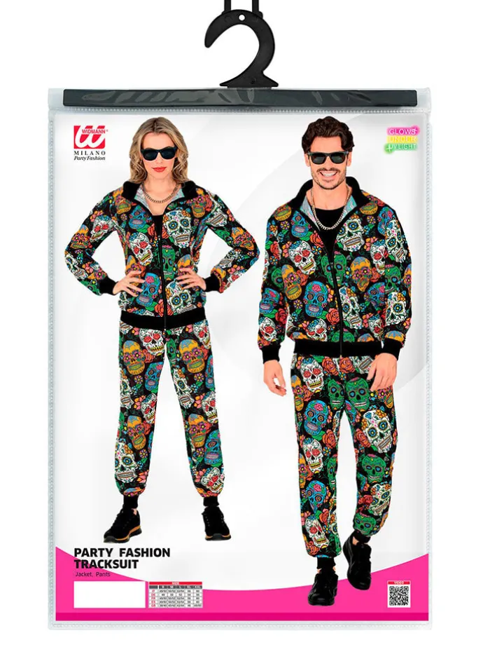 2tlg. Kostüm "PARTY FASHION TRAININGSANZUG DIA DE LOS MUERTOS" in Schwarz/ Bunt