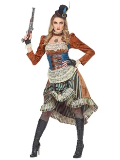 3tlg. Kostüm "Steampunk" in Hellbraun/ Blau