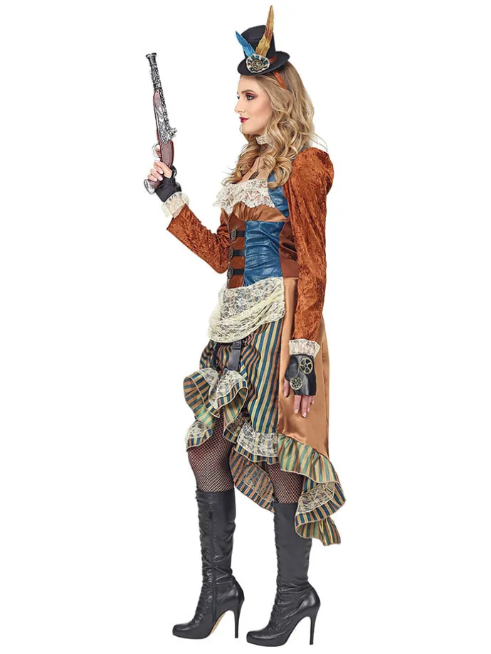 3tlg. Kostüm "Steampunk" in Hellbraun/ Blau
