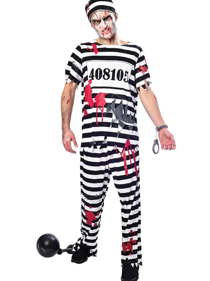 3tlg. Kostüm "Zombie Convict" in Schwarz/ Weiß/ Rot