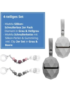 4-tlg. Schnuller-Zubehör-Set - 2x Silikon-Schnullerbox in grau,rosa
