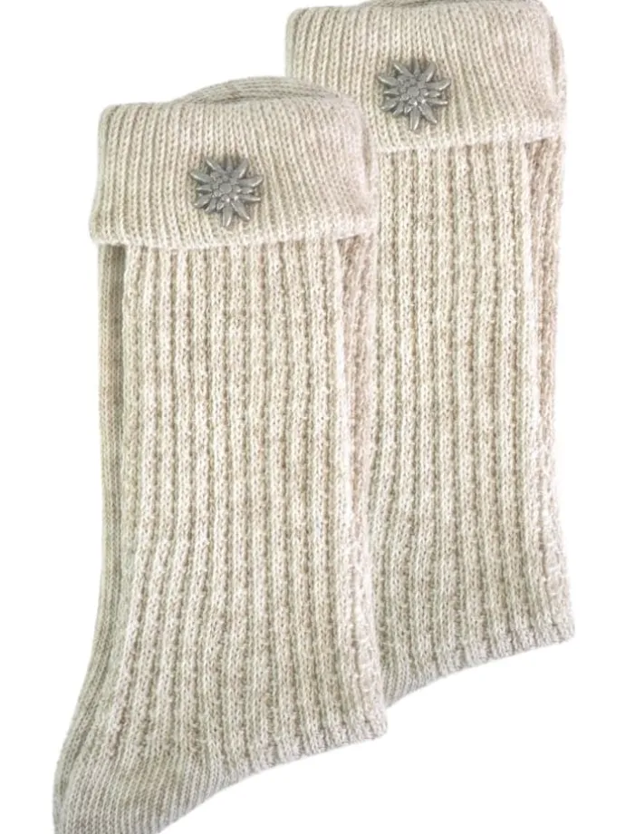 Trachtensocken mit Edelweiß-Pin in Naturmelange