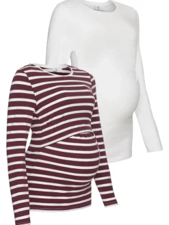 Umstandsshirt in weiß/bordeaux geringelt