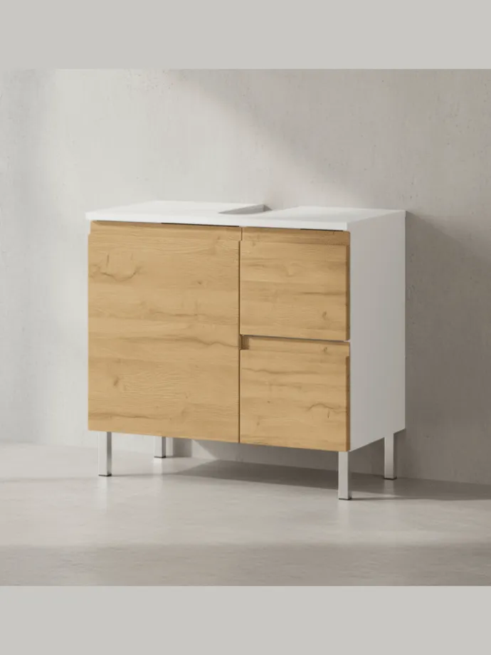 Unterschrank für Waschbecken, Weiß-Eiche, 60x34x56 cm, mit Chromfüßen
