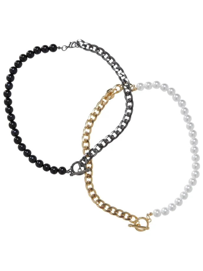 Urban Classics Unisex Half Pearl Exchangable Necklace 2-Pack in gold/gunmetal