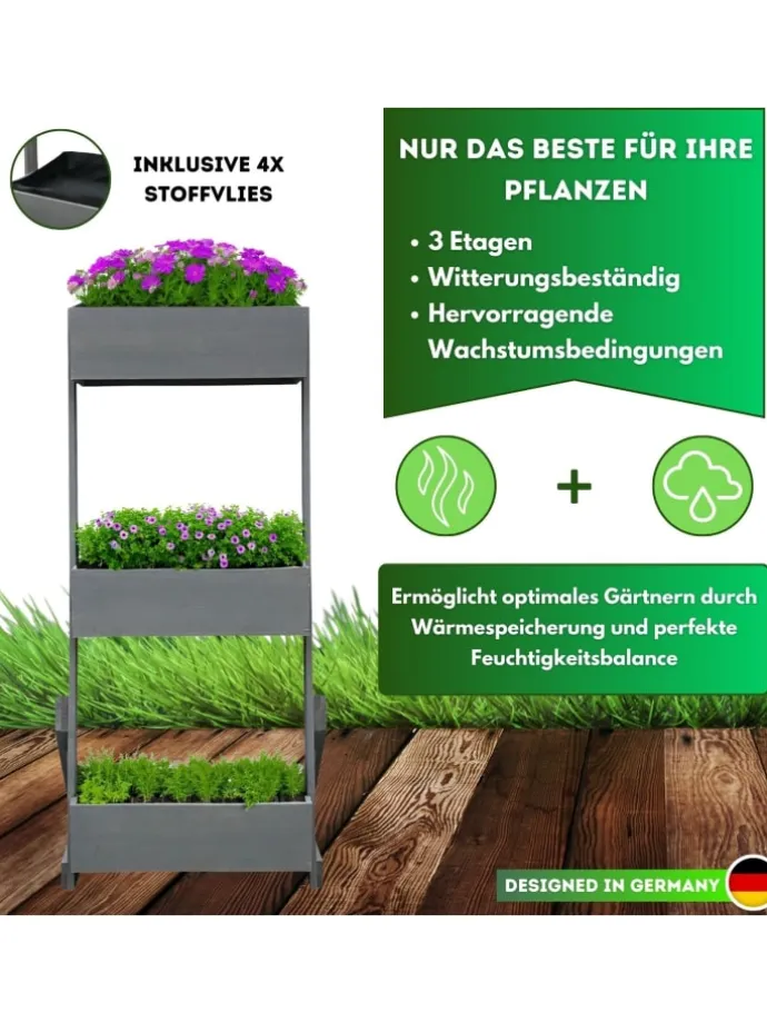 Vertikalbeet Hochbeet 3 Etagen Holz in Grau