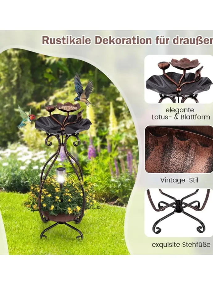 Vogeltränke mit Solarleuchte in Bronze