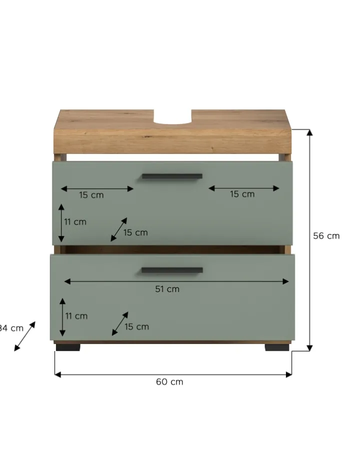 Waschbeckenunterschrank in Artisan Eiche/Salbei - (B) 60 x (H) 56 x (T) 37