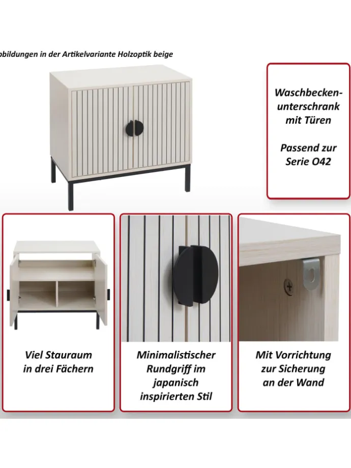 Waschbeckenunterschrank O42 mit 2 Türen, Holzoptik natur