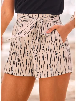 Webshorts in beige-schwarz-bedruckt