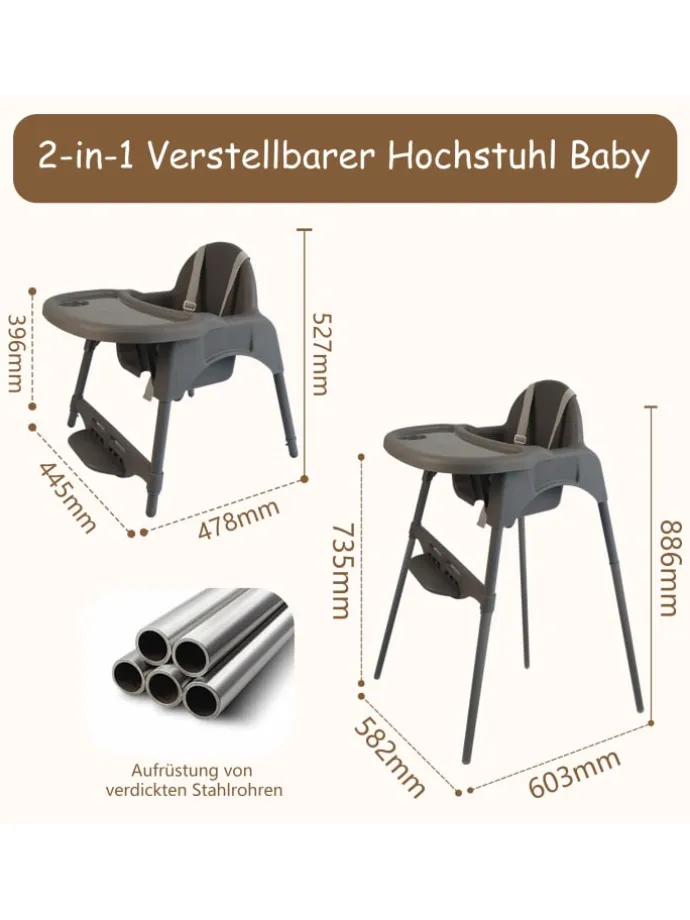 Yalion Hochstuhl für Babys, höhenverstellbar, abnehmbares Tablett