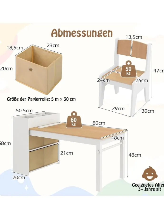 Zeichentisch mit 2 Stühlen ab 3 Jahren in Hellbraun